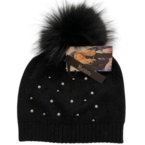 Maniere Wool Pearl & Studded Hat with FOX Pom Pom - Black - NWT
